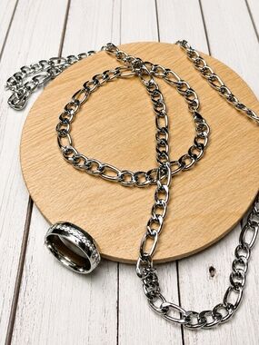 3pc Men's Silver Chain Necklace, Bracelet And Tungsten Ring With CZ